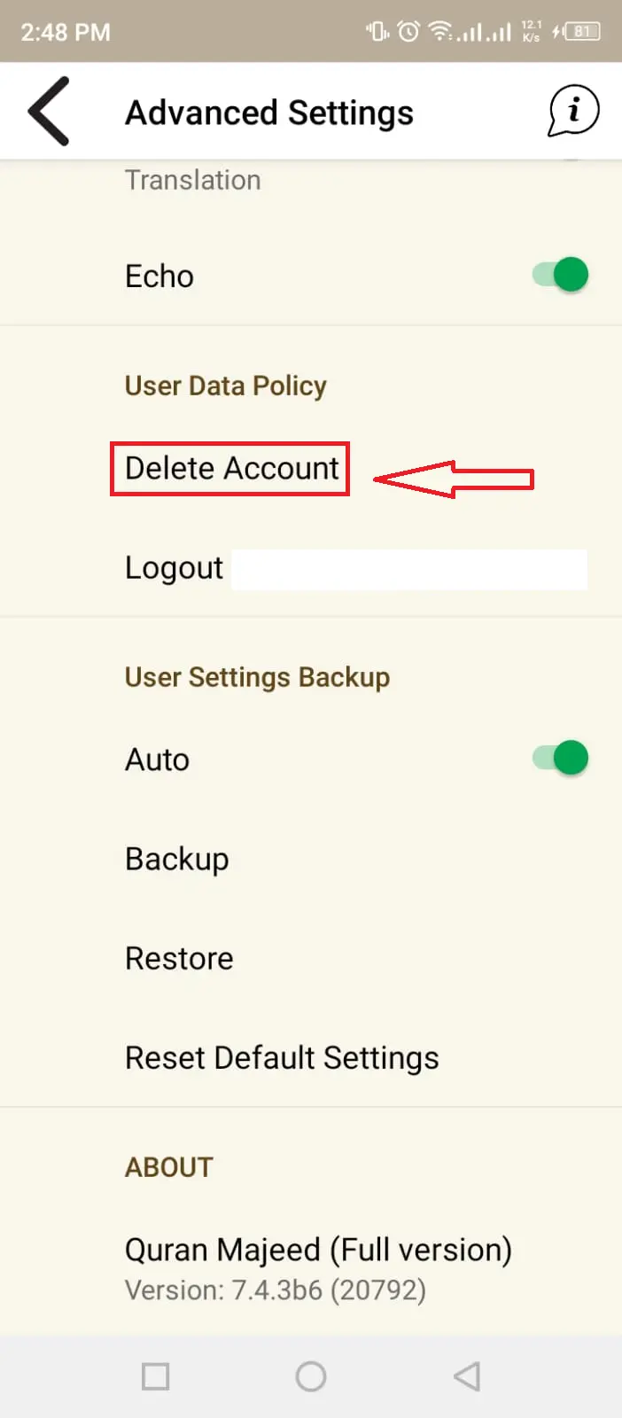 Quran Majeed advanced settings screen showing the Delete Account option highlighted
